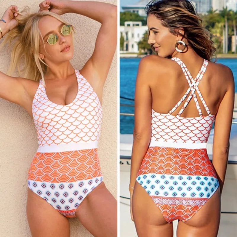 Ladies conservative printed cross bikini in polyester with floral pattern, available in multiple colours