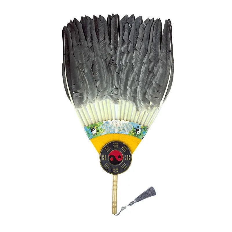 Handmade Chinese craft fan with goose feather and integrated lens fan, graphic colour pattern