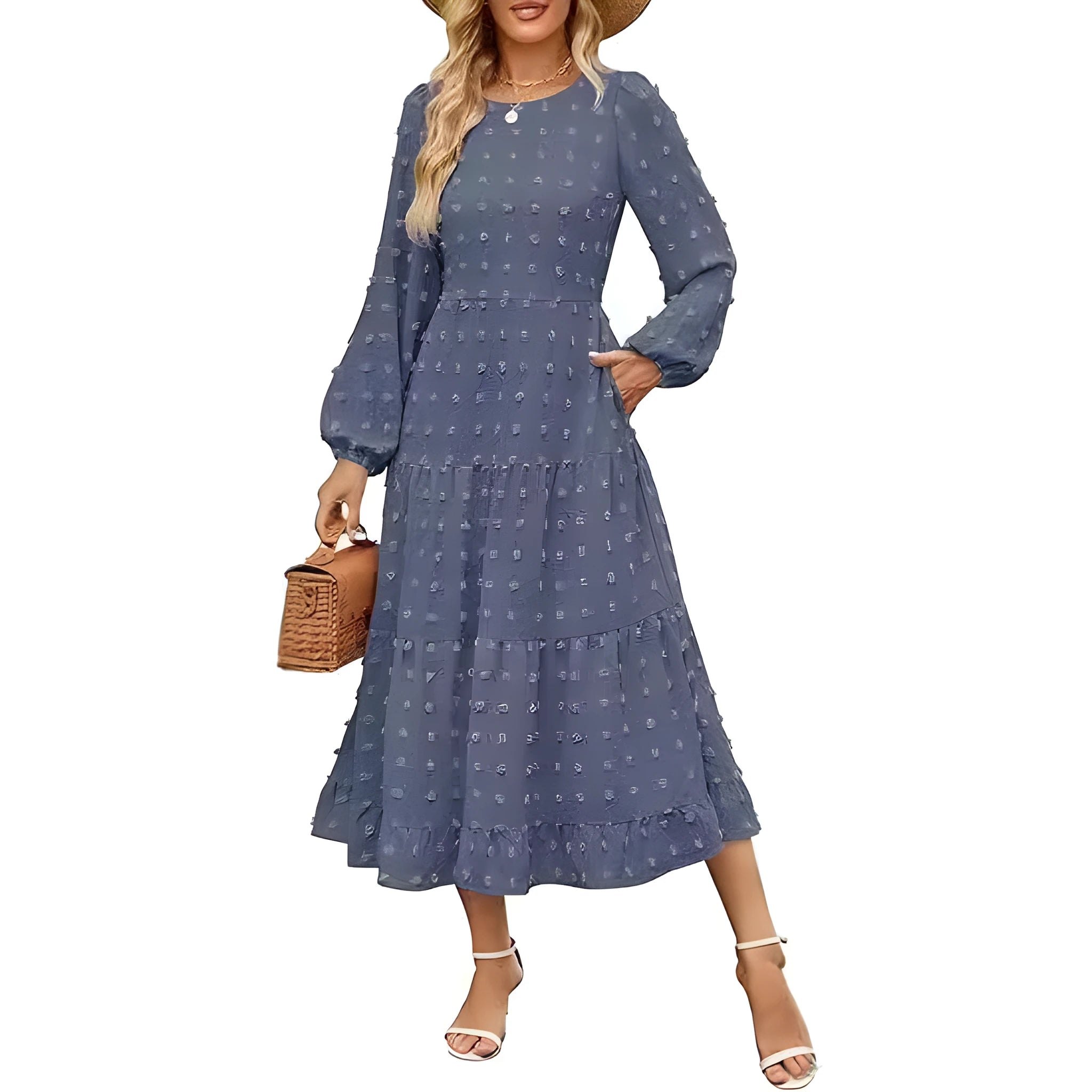 Beige women's high waist long sleeve dress with ruffle sleeves on a mannequin.