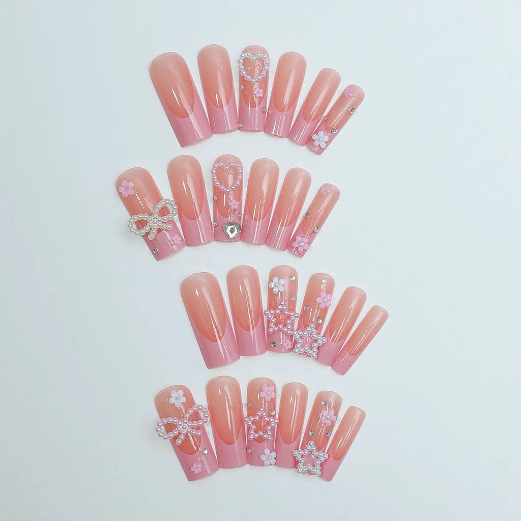 Long water pipe French artificial nails with spot drill and bow decorations in XB-70-48 colour