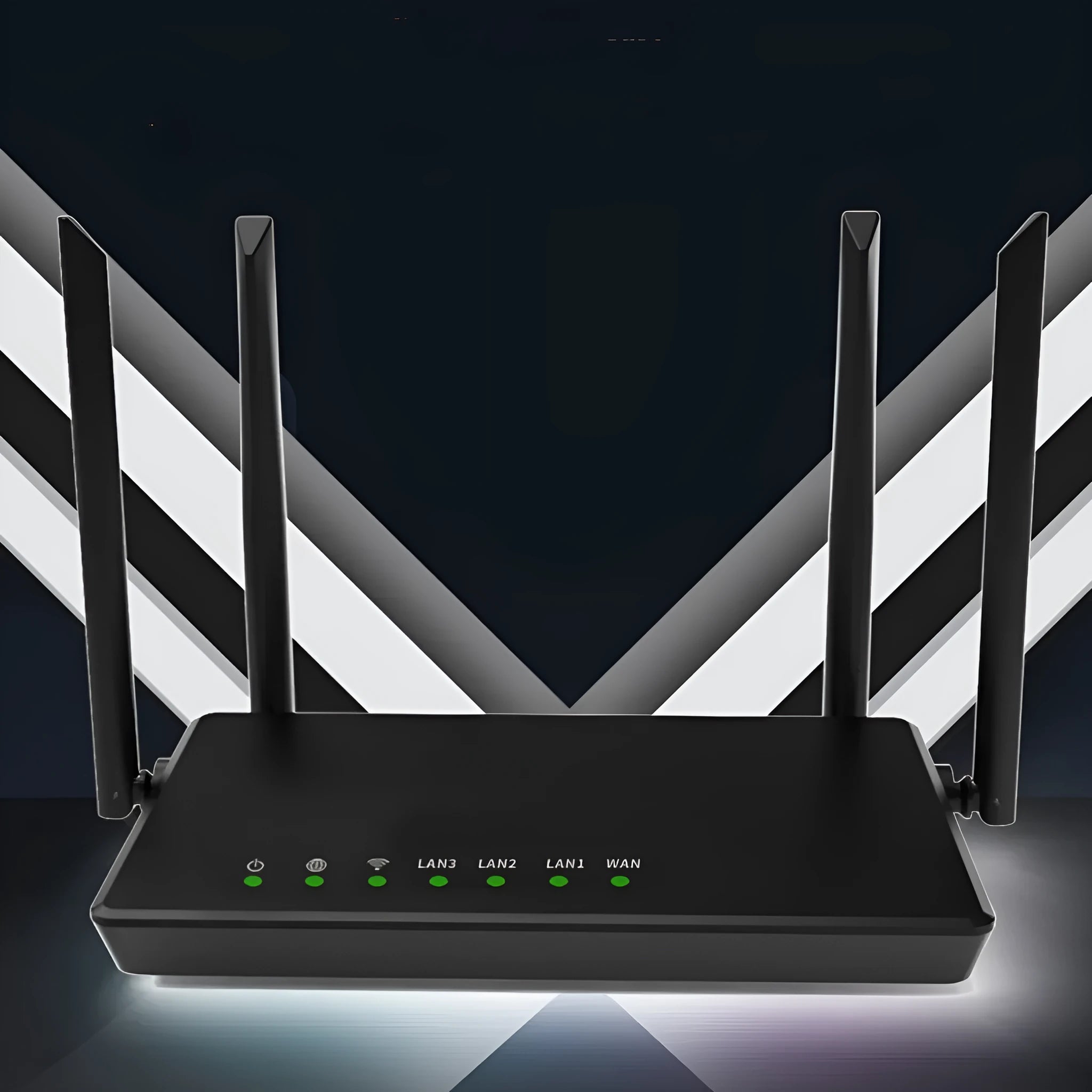 Portable home WiFi router with bare metal case in black or white colour showing rear panel with five connection ports