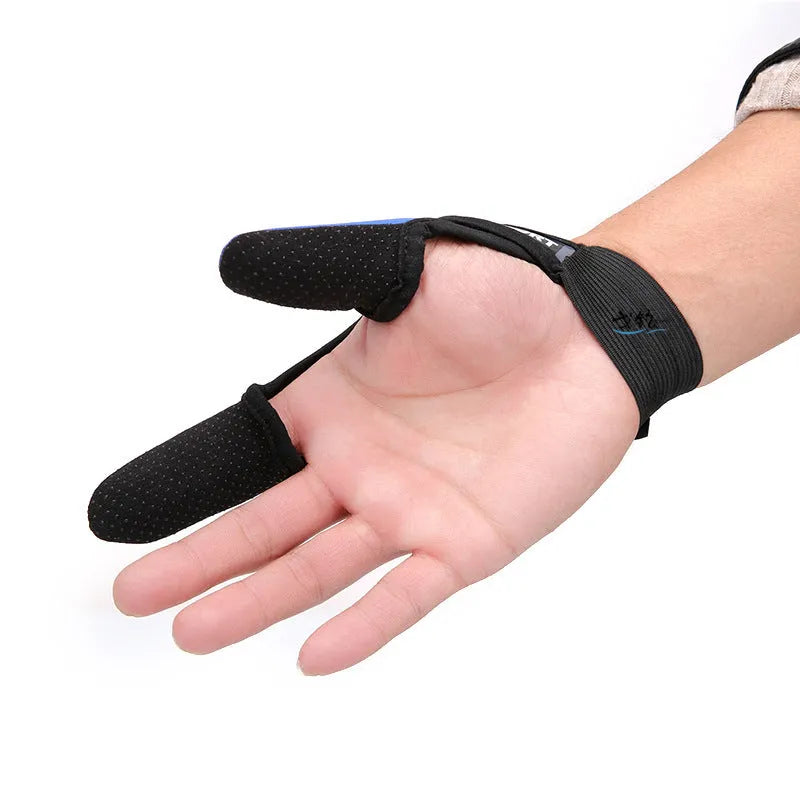 A single two-finger fishing glove for right or left hand in blue, made of diving cloth and microfiber.