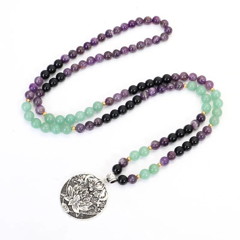 Handmade stone bead necklace with alloy lotus pendant and matching bracelet