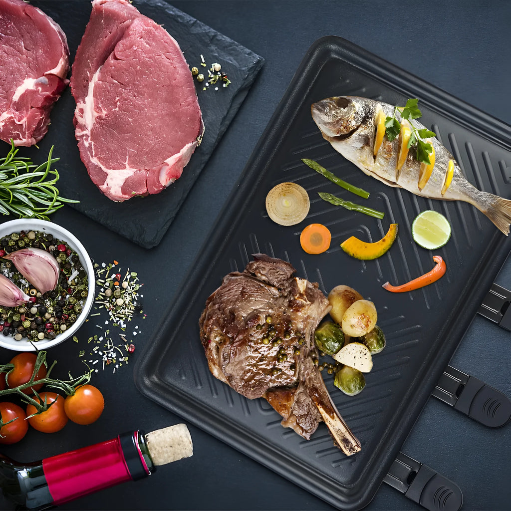 Black indoor non-stick electric baking pan 1300W split tray on countertop