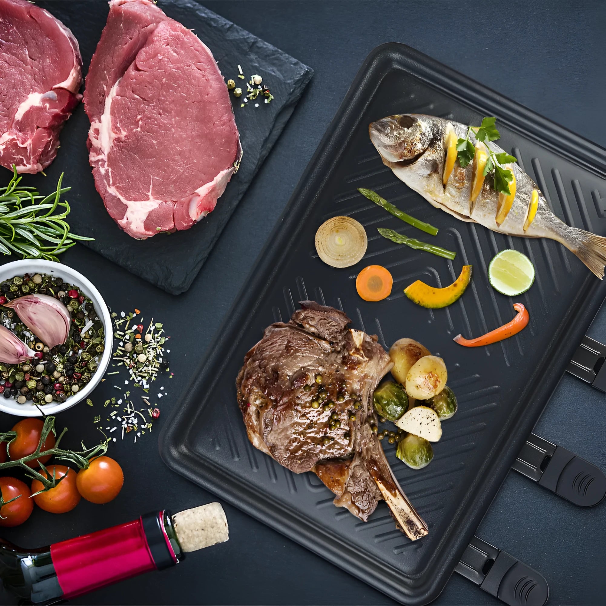 Black indoor non-stick electric baking pan 1300W split tray on countertop