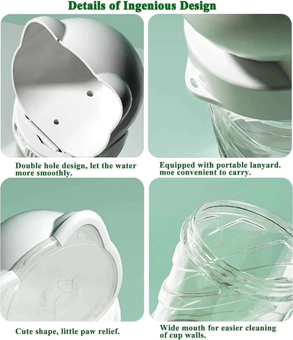 Green 3-in-1 portable pet water bottle with integrated food container and waste bag dispenser on a strap.