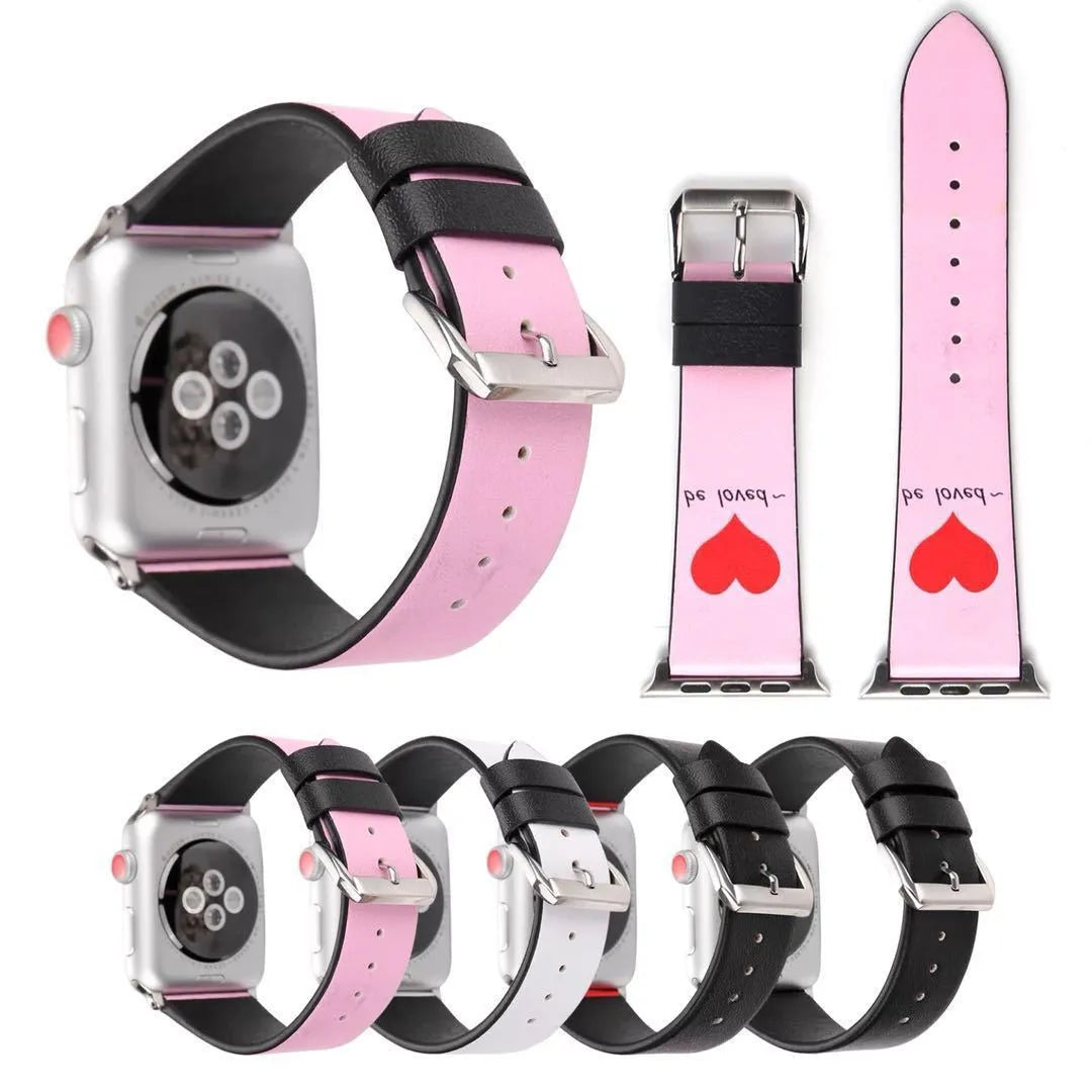 Leather watch strap with red heart on black ground, shown in 38mm, 42mm and 44mm sizes.
