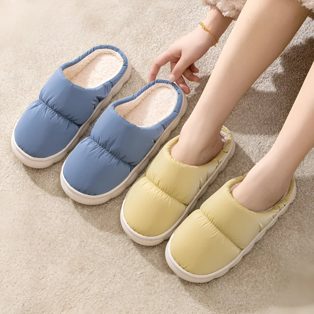 Winter indoor slippers with artificial leather upper, rubber sole, and plush lining in multiple colour options