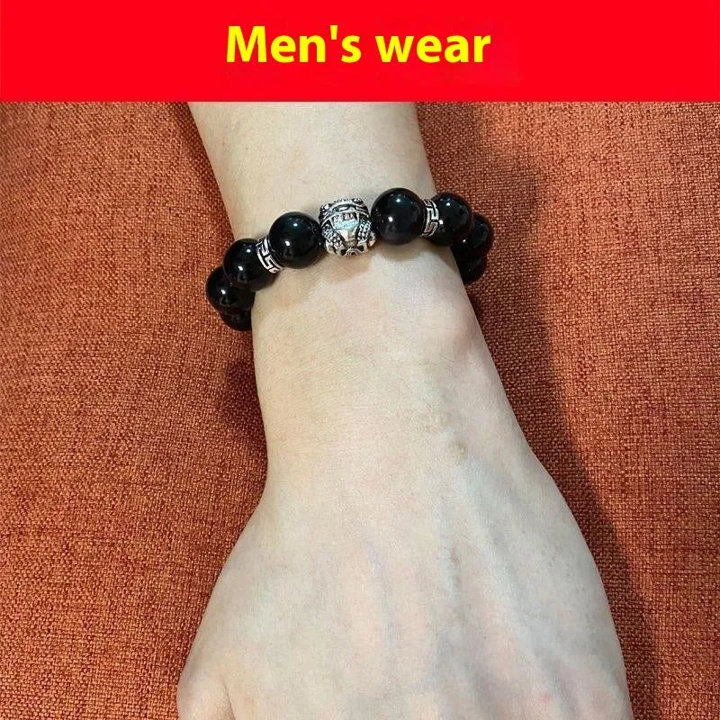Natural obsidian bracelet with 999 silver cloud charms in male 12mm and female 10mm sizing options