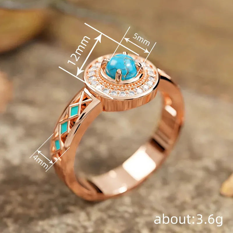Women's turquoise geometric ring with micro-inlaid zircon on rose gold copper band.