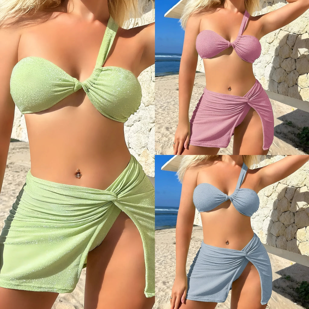 Women's one-shoulder tube top swimsuit three-piece set in glossy polyester fabric