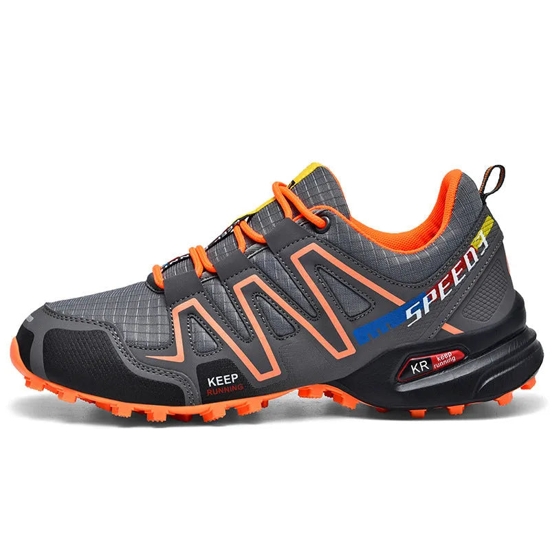 Men's grey orange plus size casual running shoes with synthetic leather upper and rubber sole.