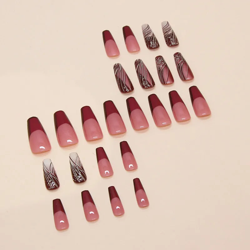 French line pattern false nails with glue tube, 24-piece press-on nail set