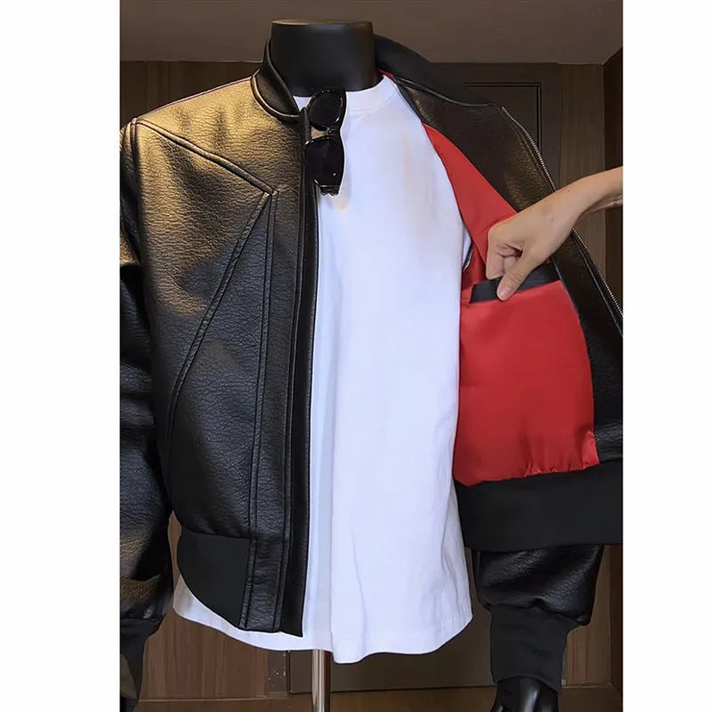Men's black PU leather jacket with litchi texture and extended length in slim business fit