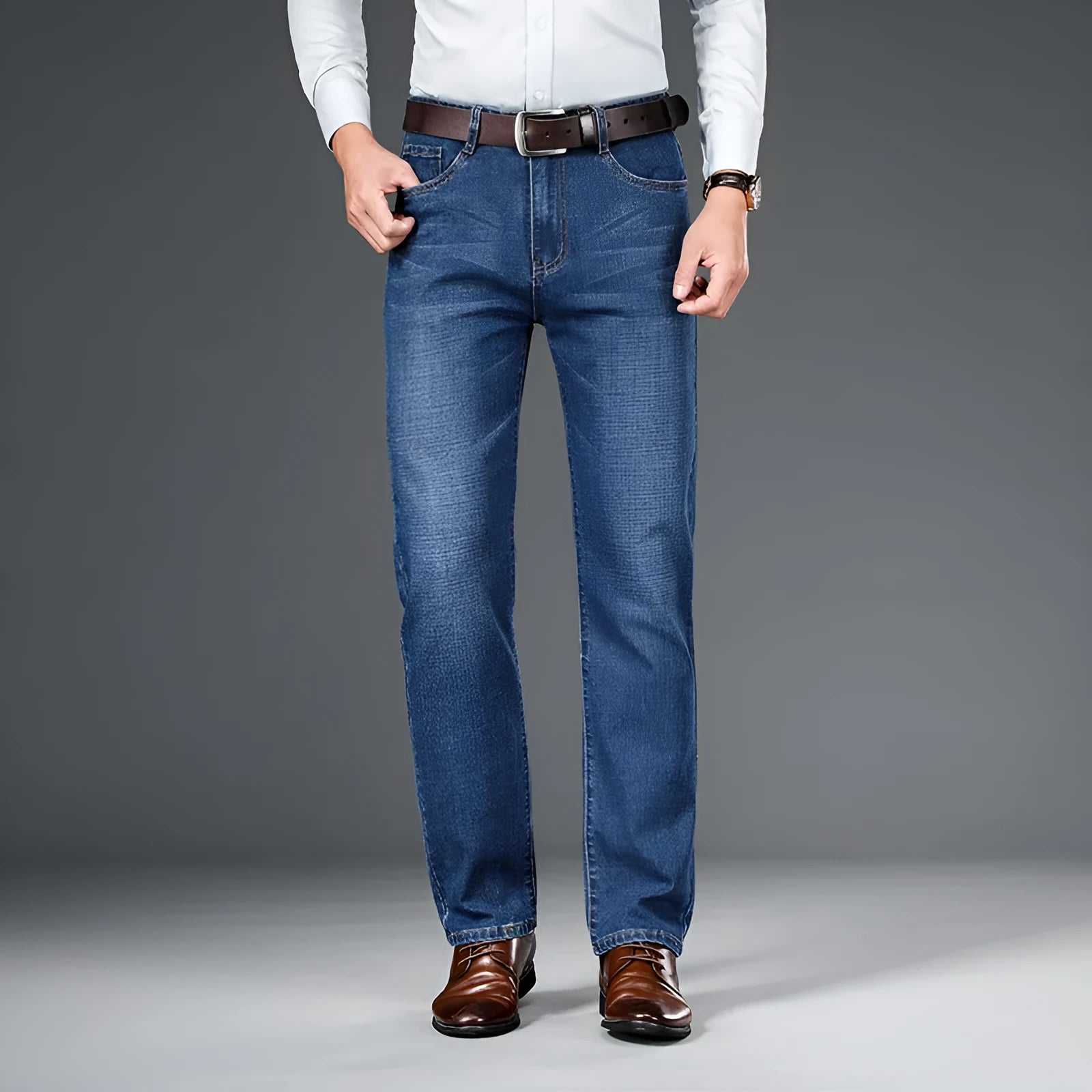 Men's straight loose elastic denim business trousers in dark blue colour, mid-waist straight-leg style on white background