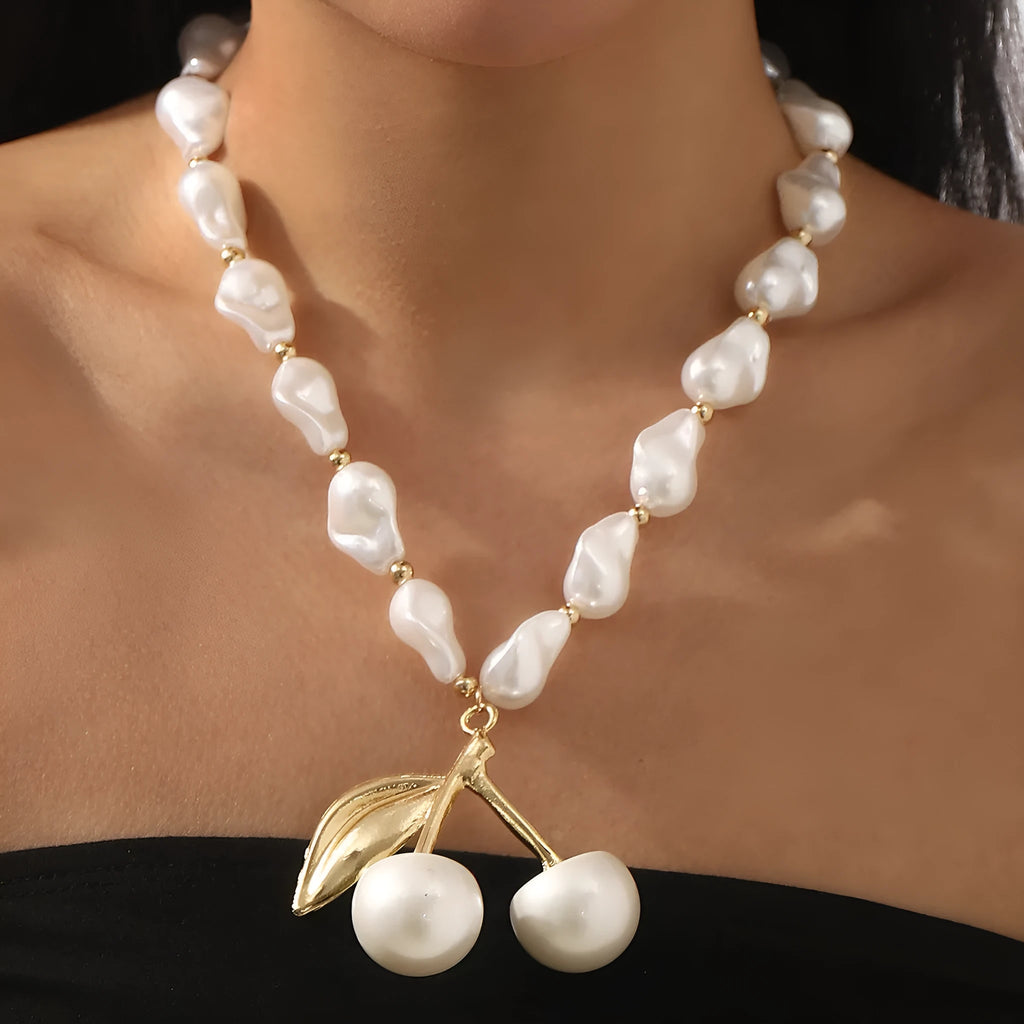 Women's creative necklace with fruit pendant on adjustable pearl chain in gold or white