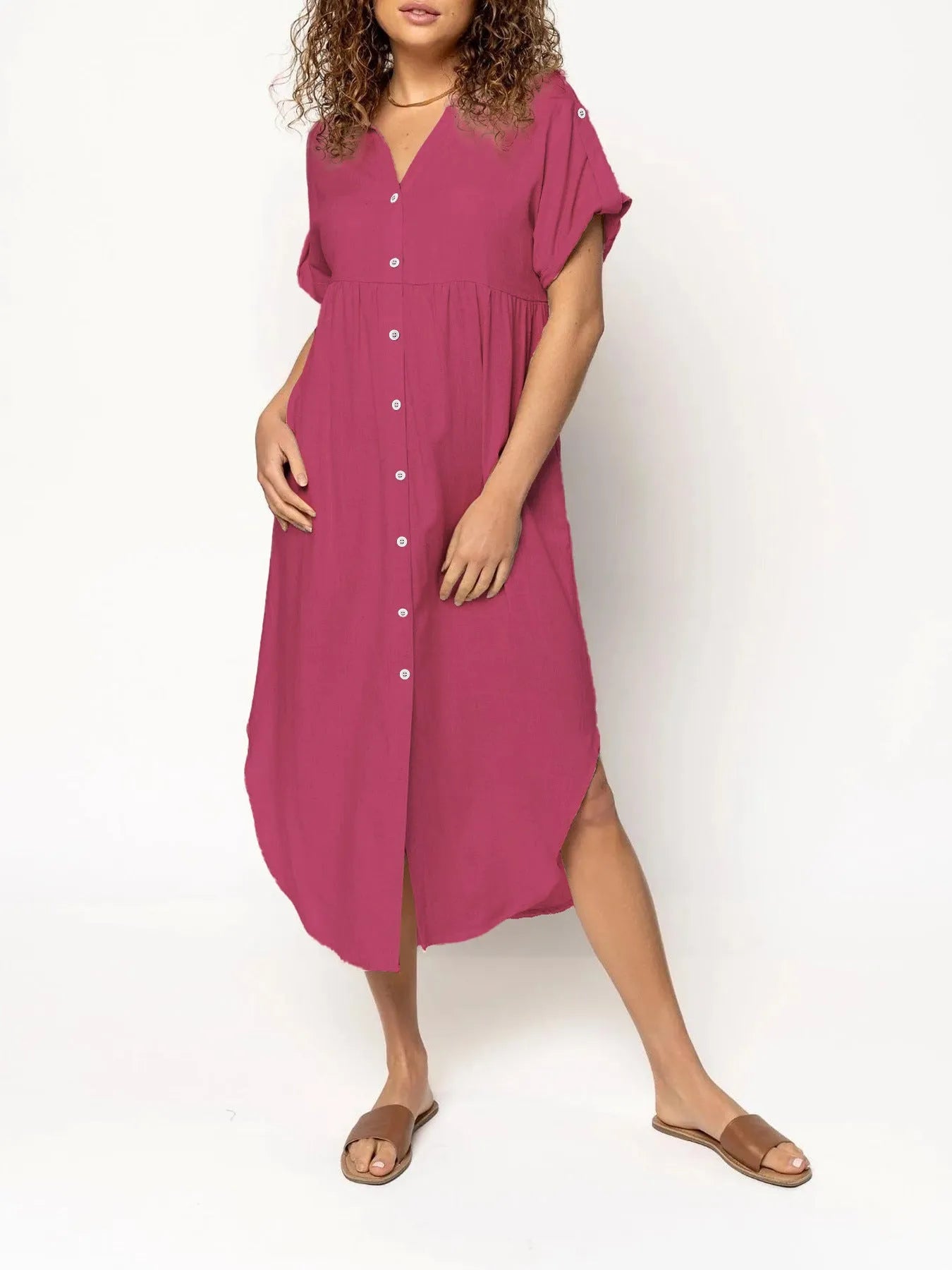 Casual button-front mid-length dress in loose fit available in multiple solid colours