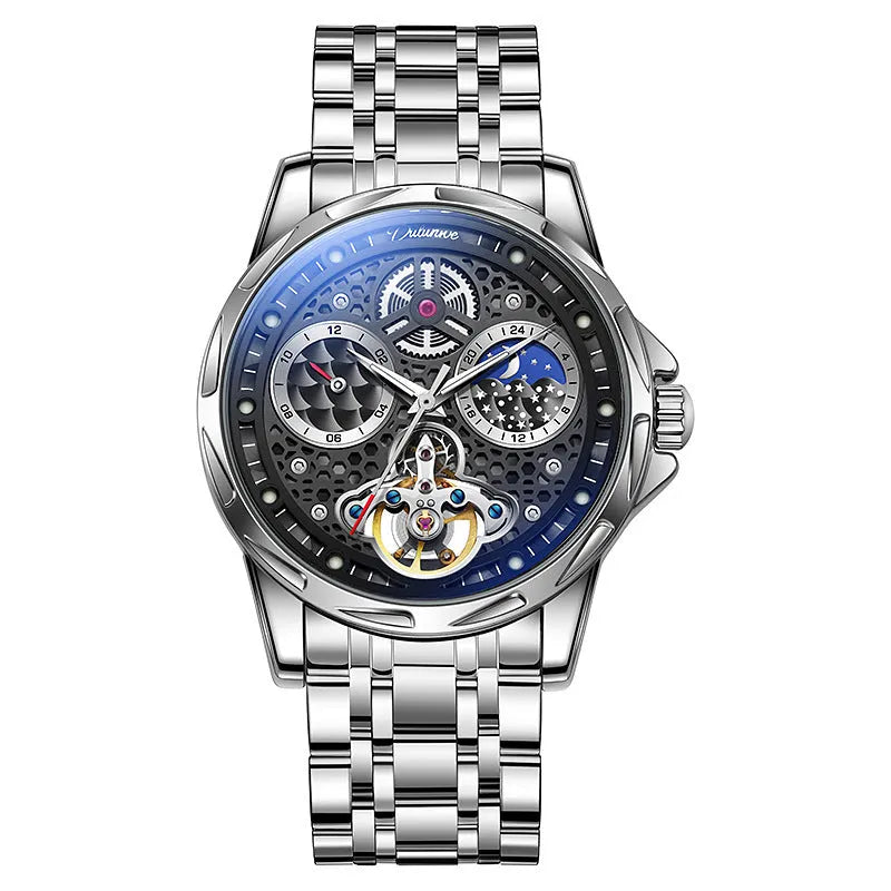 Men's waterproof automatic watch with luminous dial in business style, showing black and white case options with steel and leather straps