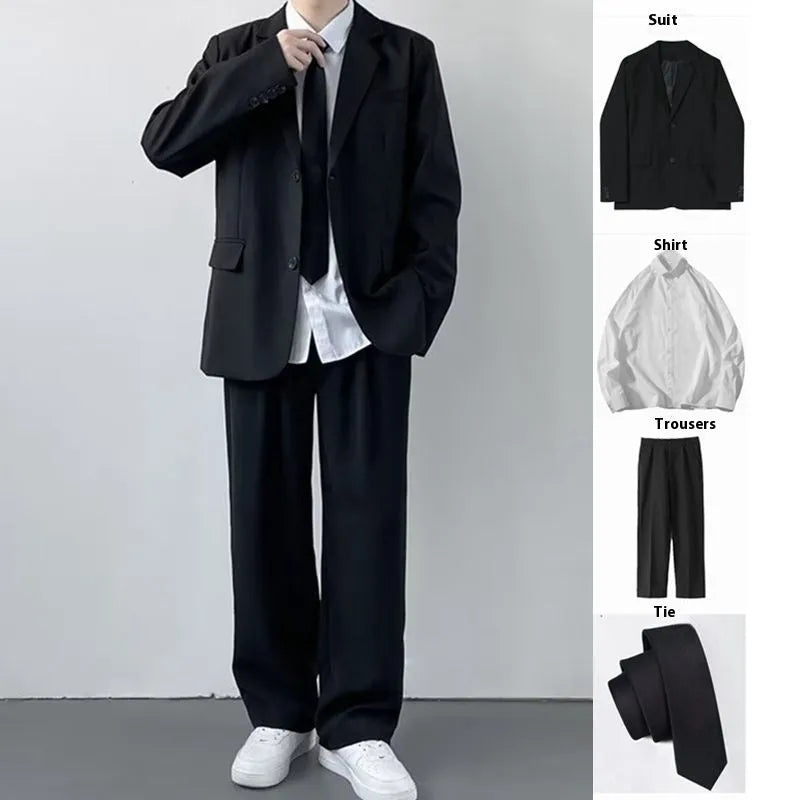 Plus size men's college style suit set with jacket, trousers, white shirt and tie on hanger