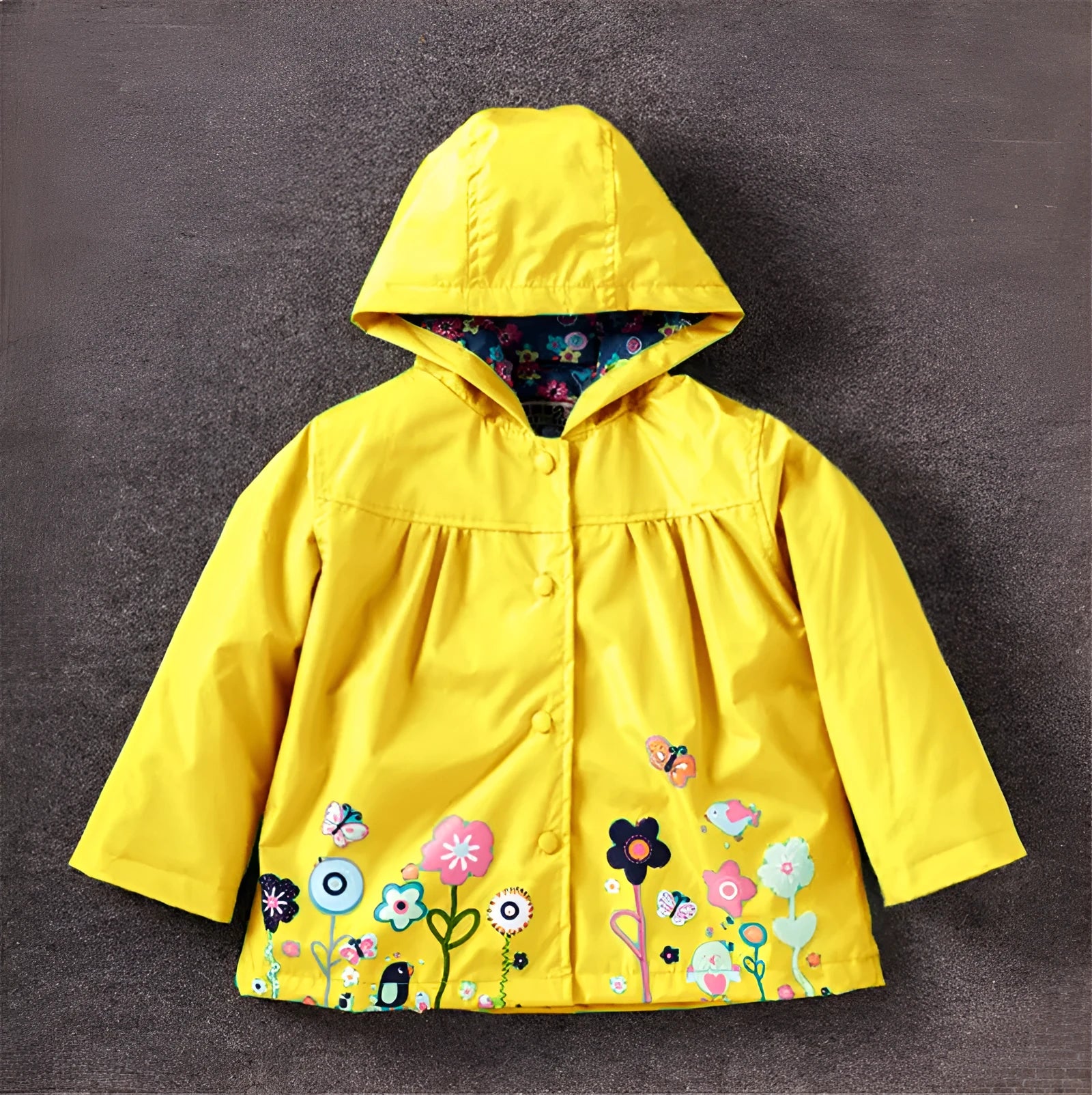 Girls' cute flowers windproof and rainproof shell jacket in red with hood, long sleeves, cotton fabric, spring style