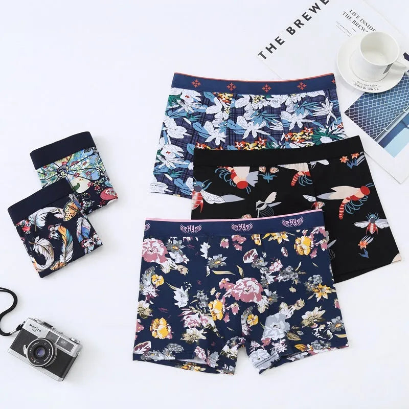 Men's cotton boxer underwear with floral pattern and U-shaped convex design in extended plus sizes