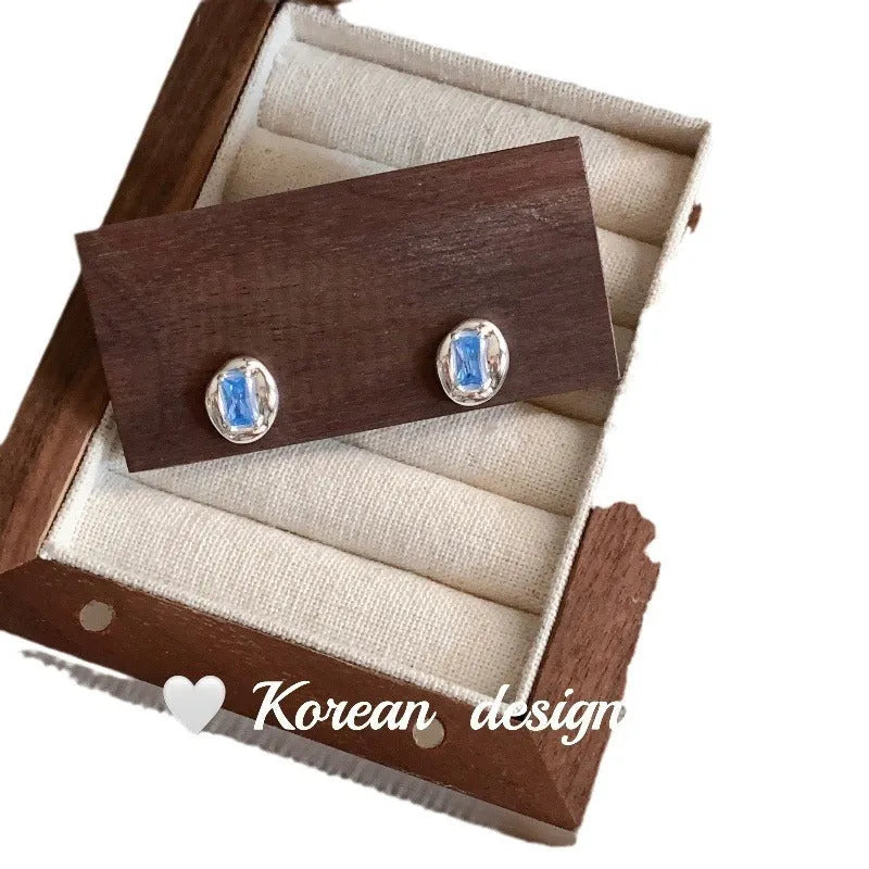 S925 sterling silver oval blue diamond heart-wrapped earrings silver colour geometric shape