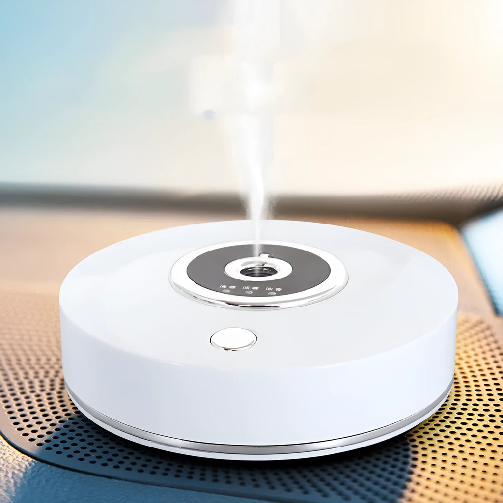 USB-powered car air freshener diffuser with plastic housing in choice of black, grey, or white colours