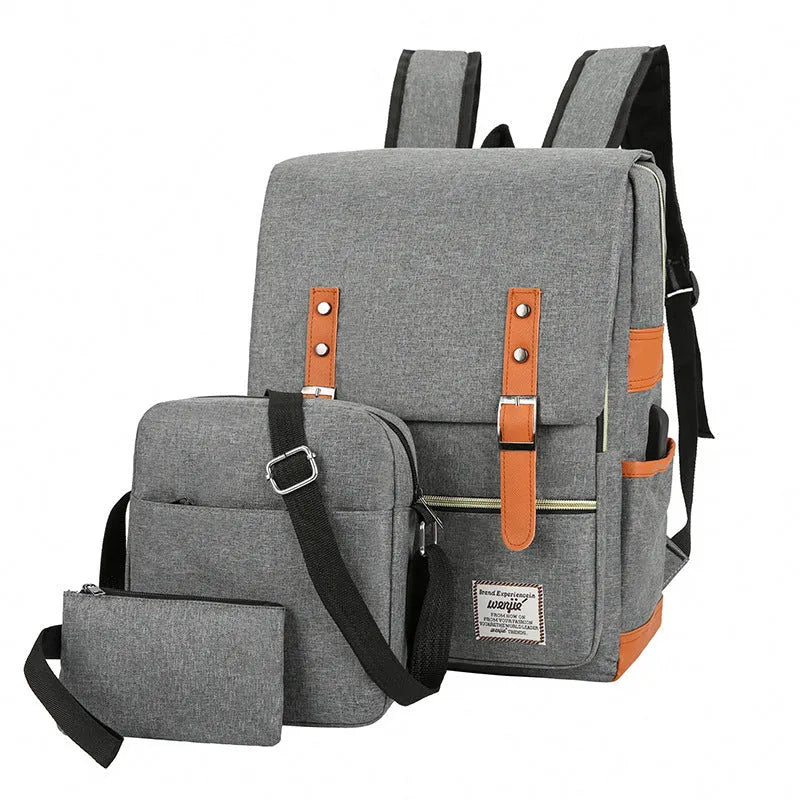 Large capacity three-piece backpack in wine red with curved shoulder straps and Oxford cloth construction