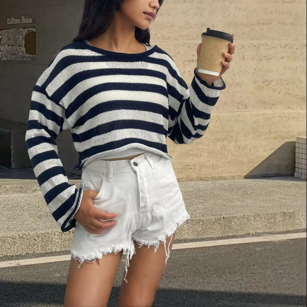 Long-sleeved striped pullover sweater in mercerised cotton shown in multiple colours.