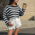 Long-sleeved striped pullover sweater in mercerised cotton shown in multiple colours.
