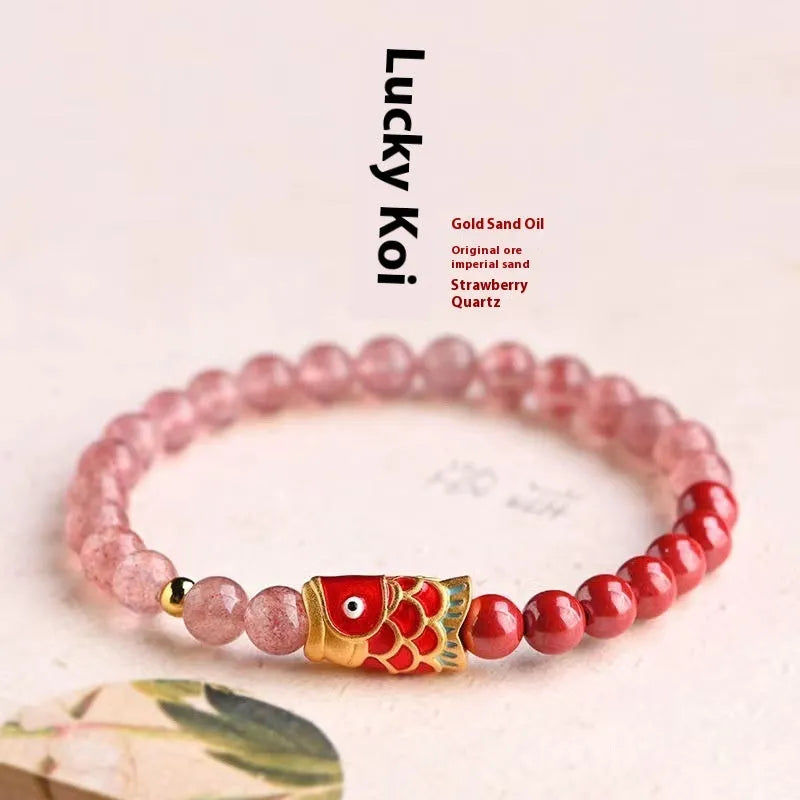 Purple cinnabar and strawberry quartz women's bracelet with lucky beads and peach blossom charms