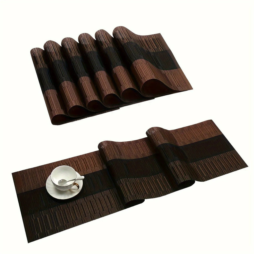 PVC non-slip placemat in gradient bamboo design protecting a kitchen countertop.