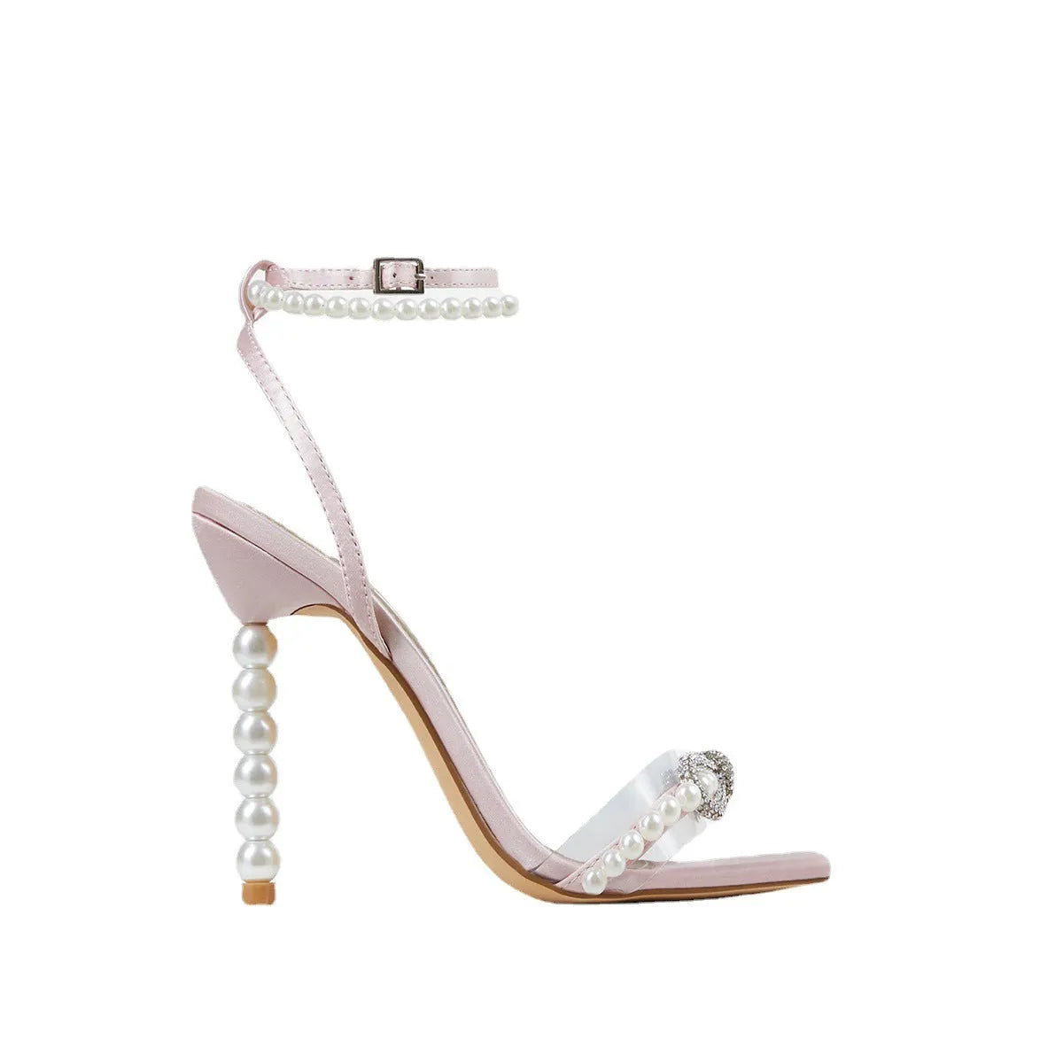 Women's square toe stiletto heel shoes with rhinestone bow and pearl strap in pink colour
