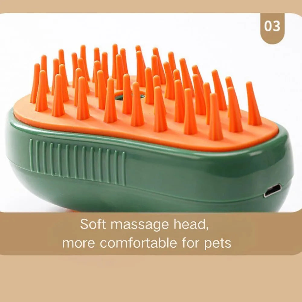 Green and white rechargeable cat steam brush with silicone teeth for grooming and massage.