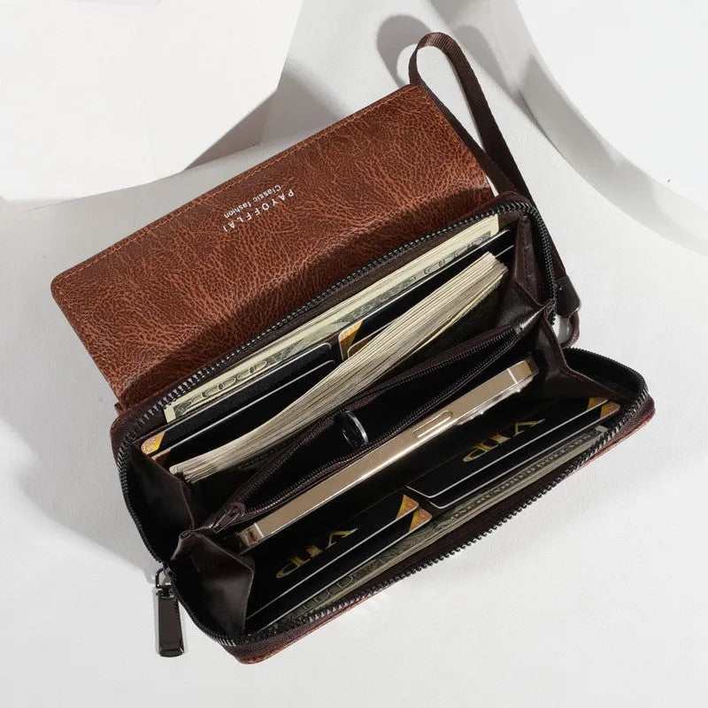 Men's black PU long wallet open to show multiple card slots and coin compartment.
