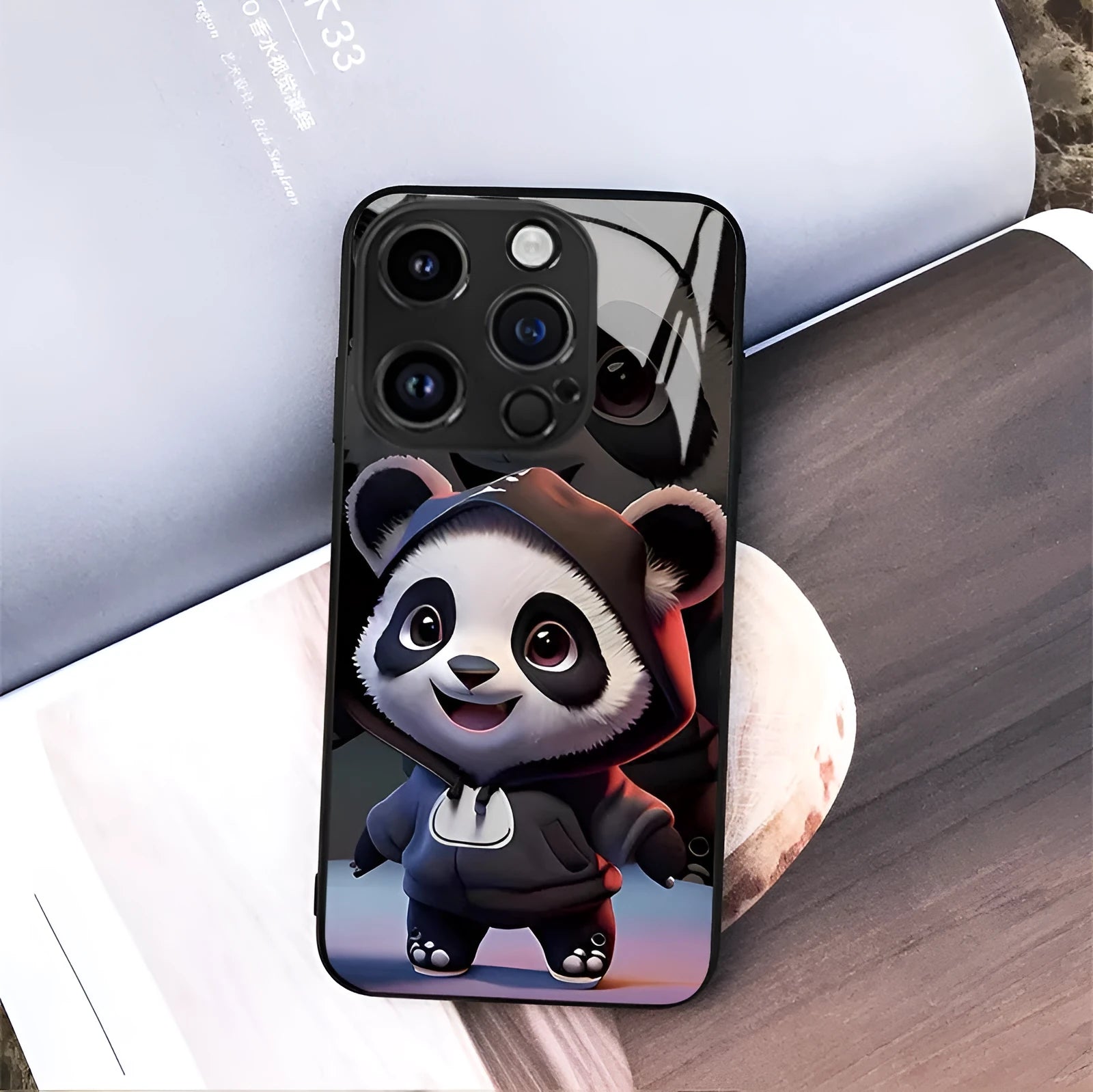High-permeability glass phone case with painted cute panda artwork for iPhone 15 14 13 12 in black