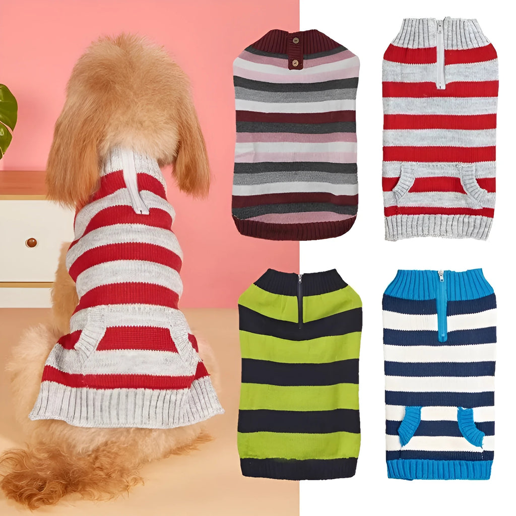 Grey dog sweater with a horizontal zip and a button pocket on a small dog.