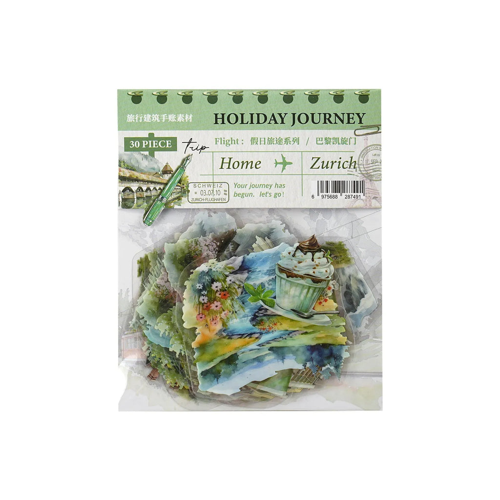 Holiday Journey Series pack of seven retro architecture and travel destination journal stickers.