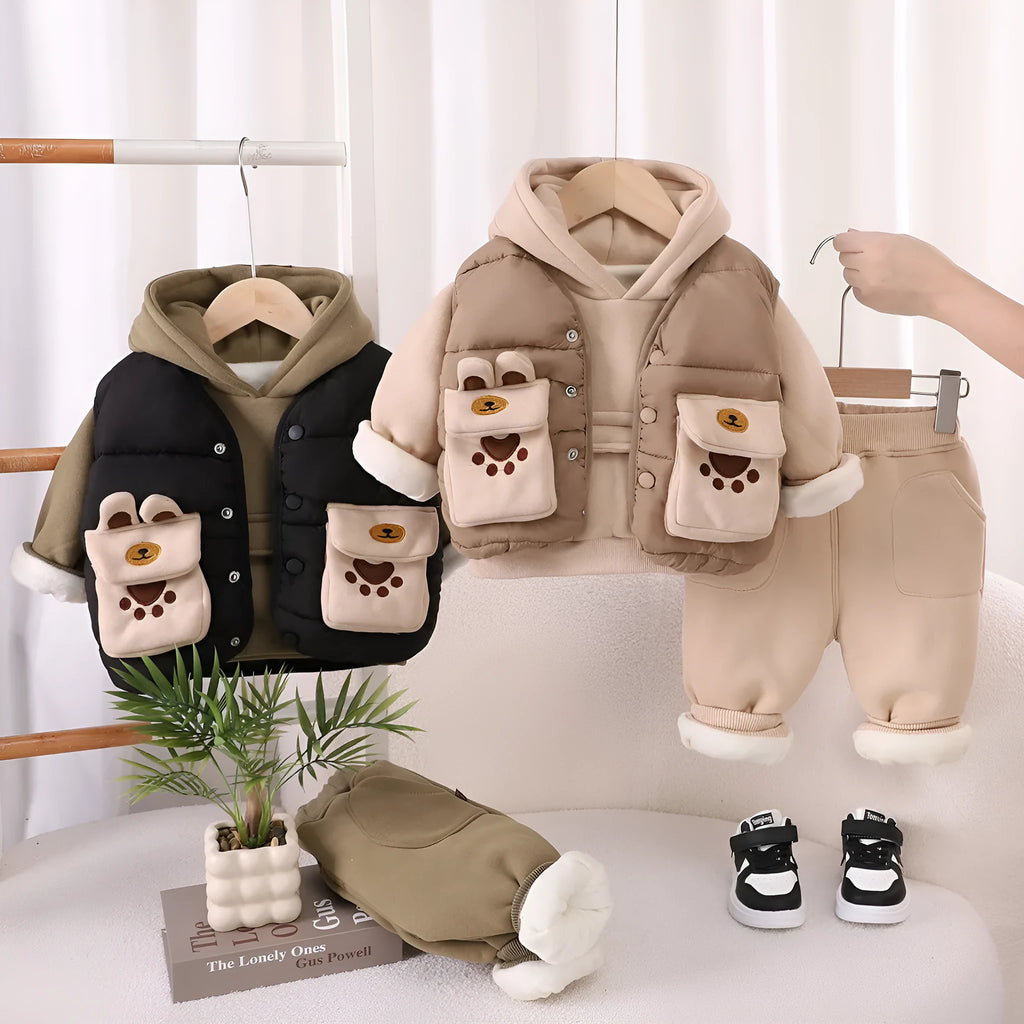 Beige khaki and green boys fleece lined cotton three piece suit with hooded top, trousers, and vest
