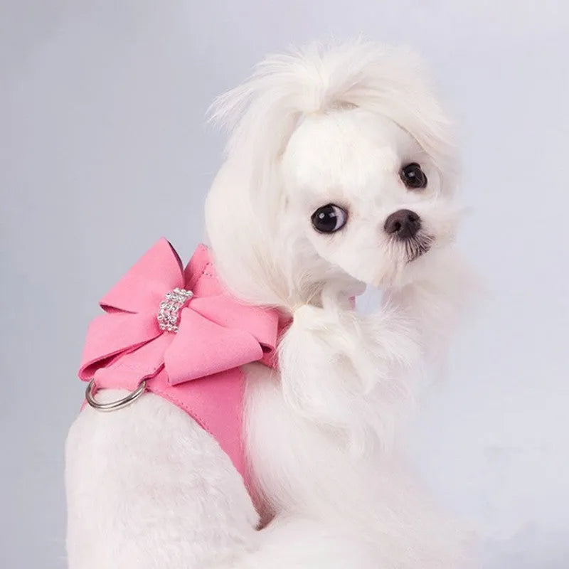 Cute bowknot puppy chest strap harness in microfiber with pink, blue, and orange colour options