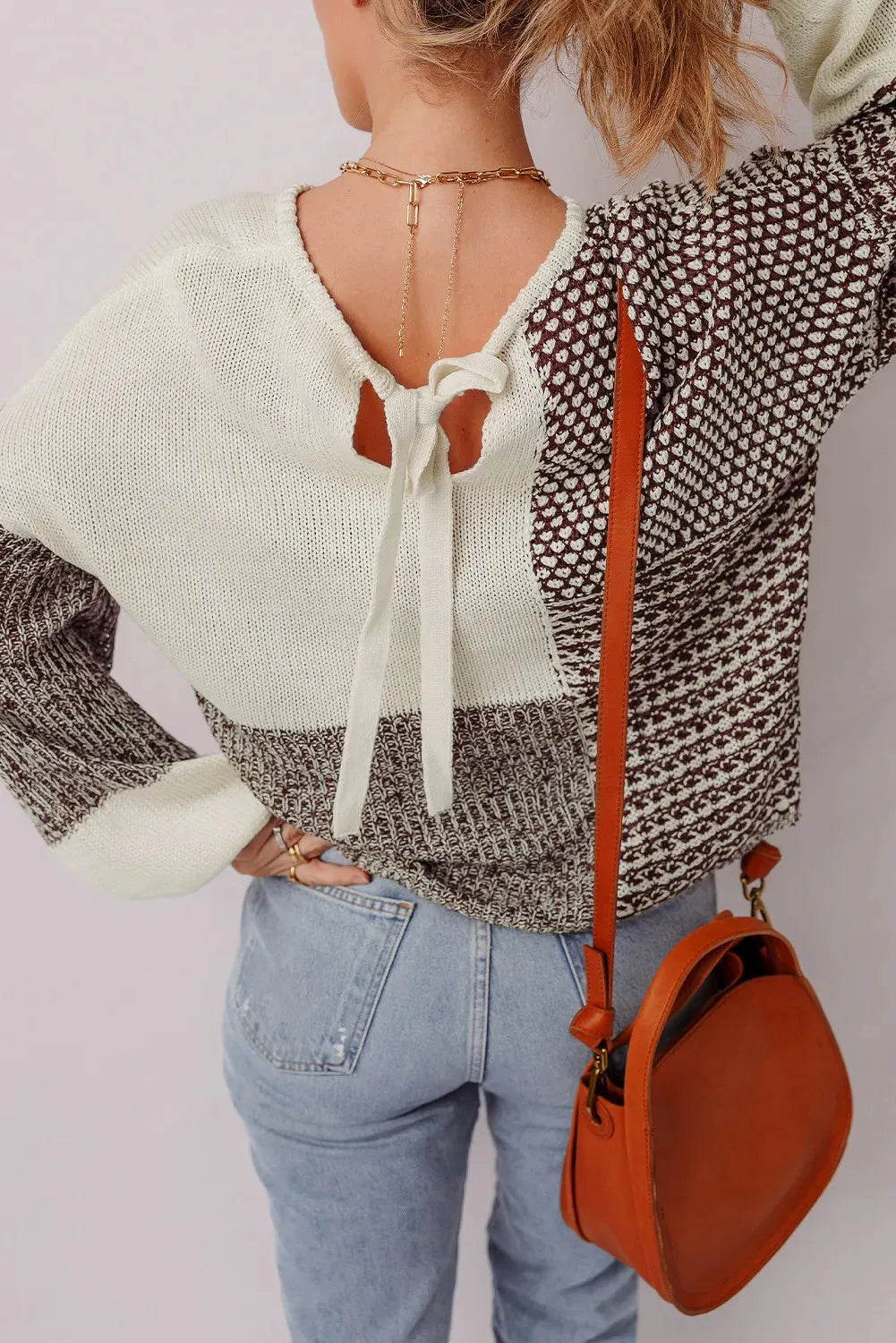 Dark khaki colour block loose sweater with drop shoulders and a back tie detail