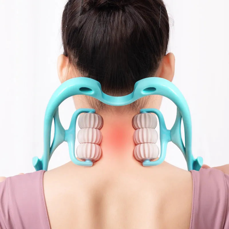 Blue plastic handheld massager with six rotating wheels for neck, shoulder and waist.