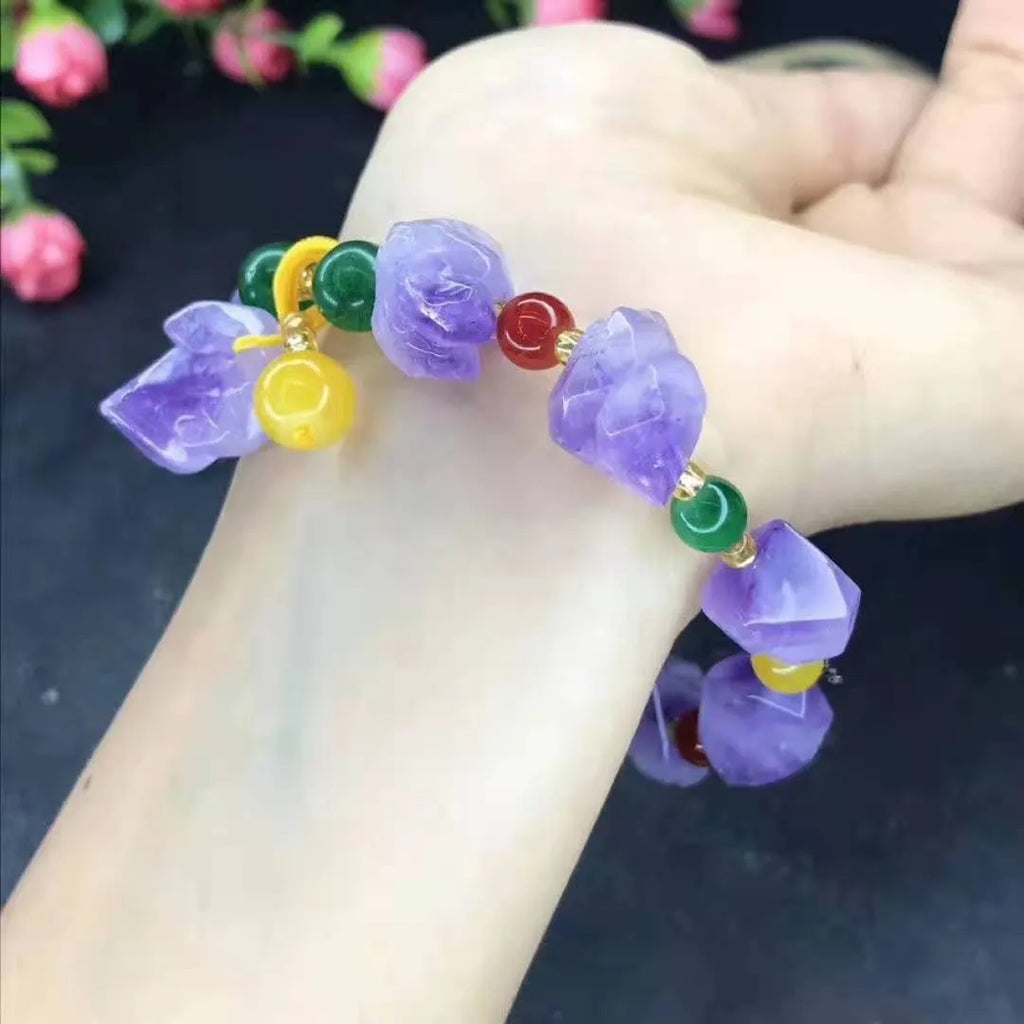 Women's natural shaped amethyst bead bracelet with fu character charm jewellery