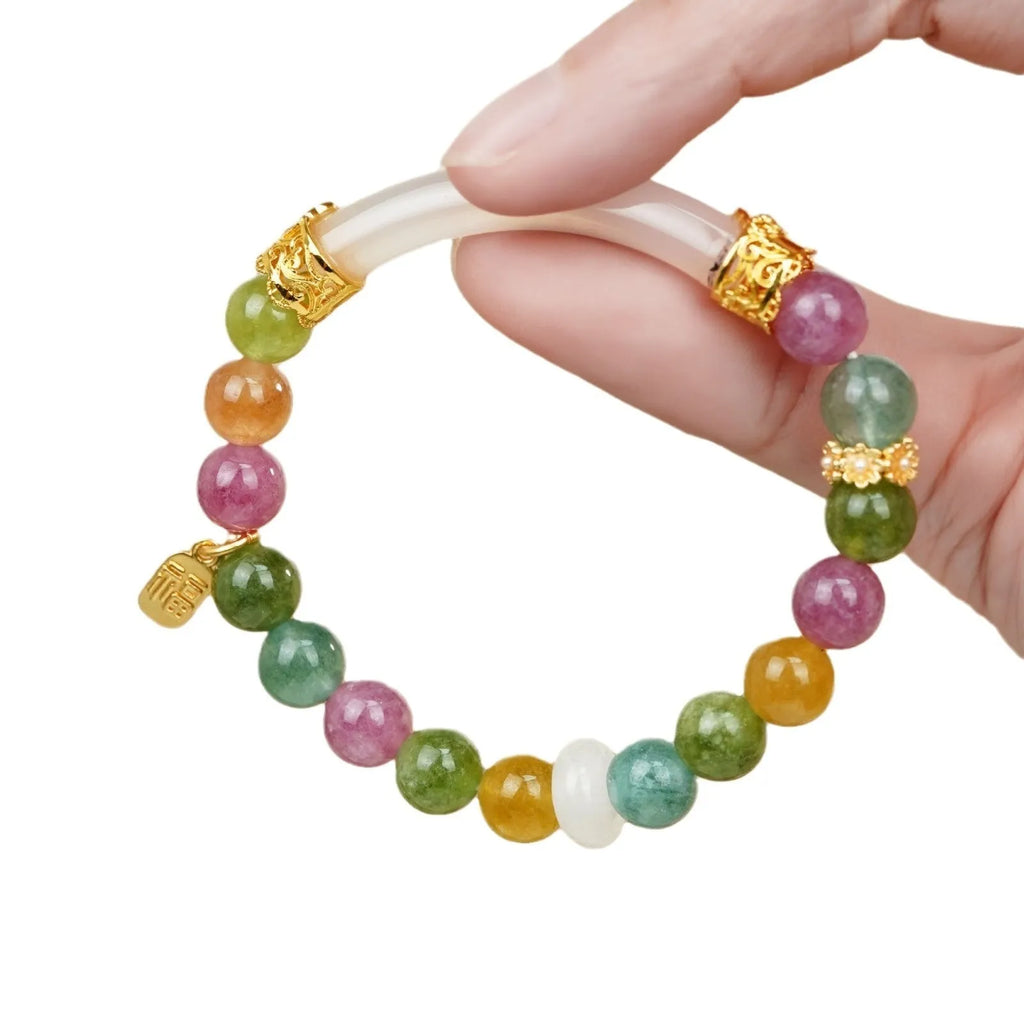 Rainbow-coloured tourmaline half bracelet for women with electroplated finish