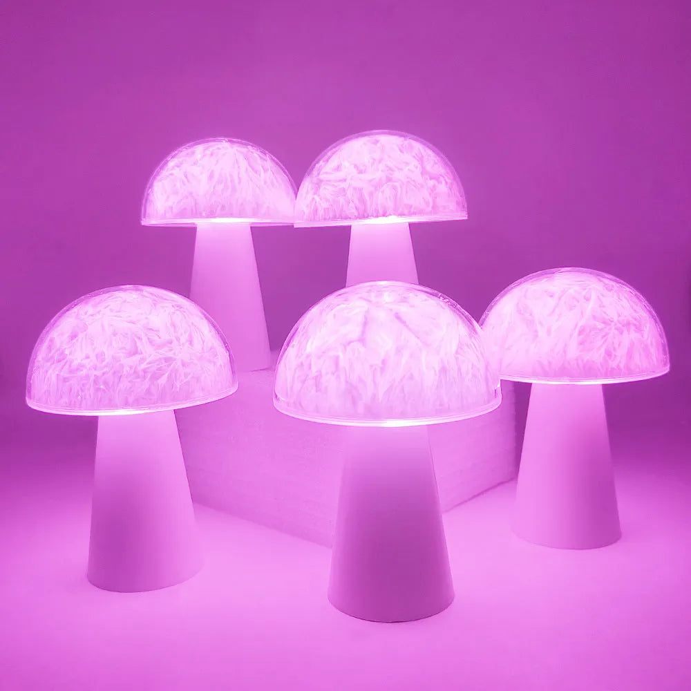 Small white mushroom-shaped night light with colourful RGB glow on a wooden table.