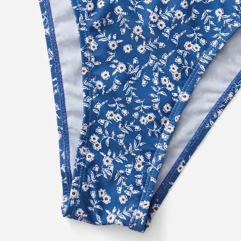 Blue polyester three-piece swimsuit without steel rings, showing top and shorts