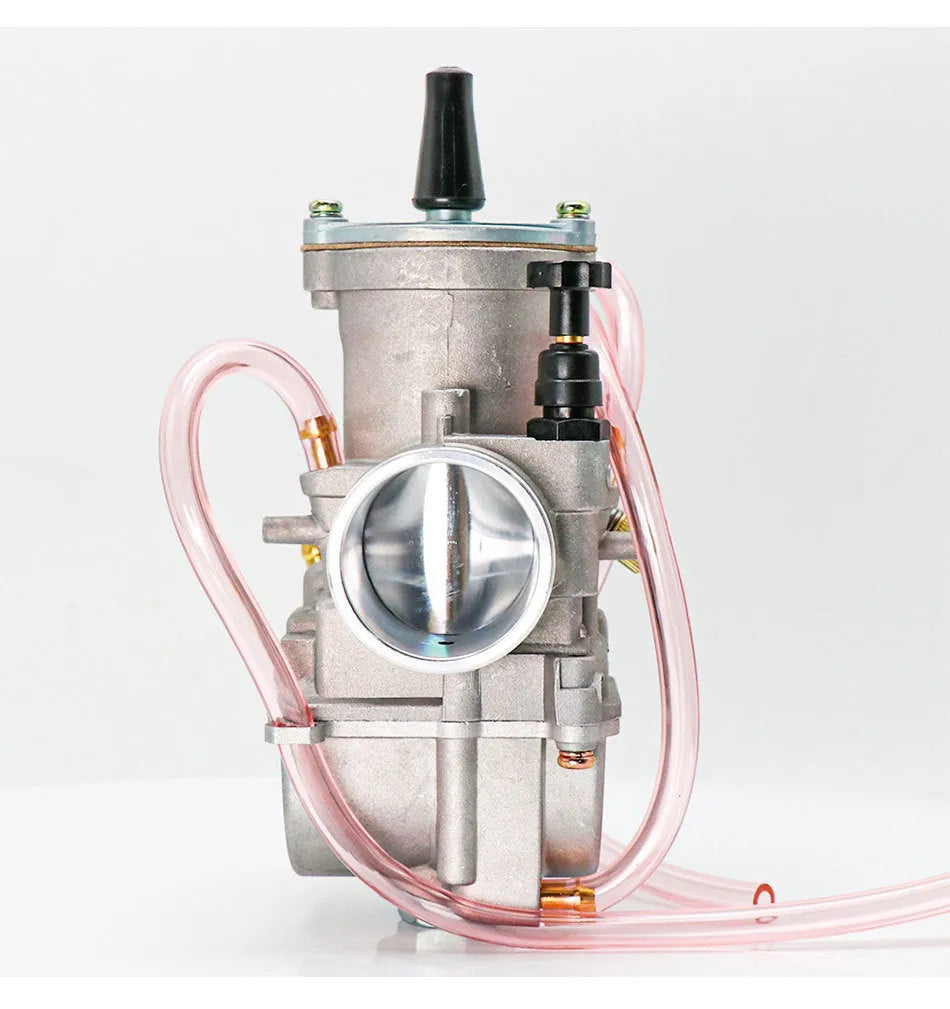 Sandblasted PWK motorcycle carburetor kit for performance modification, showing size options.