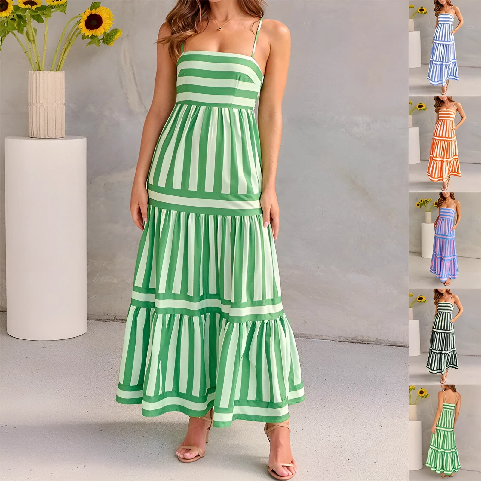 Women's backless summer dress with square neck, suspender straps and side pockets in striped pattern