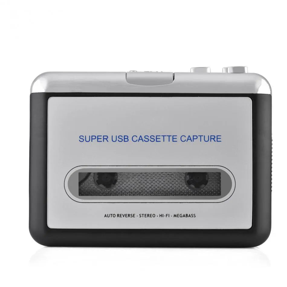 Silver USB cassette tape to MP3 converter unit with USB cable for audio digitisation