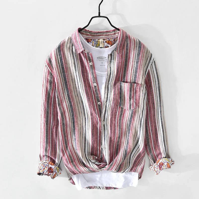 Men's gray striped linen shirt with long sleeves and loose fit on a hanger